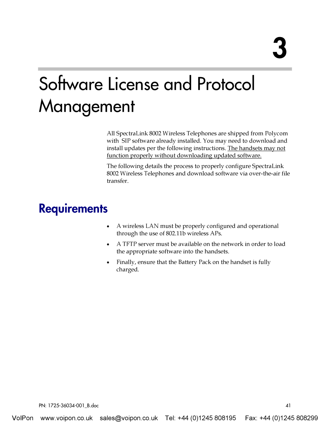 SpectraLink 8002 manual Software License and Protocol Management, Requirements 