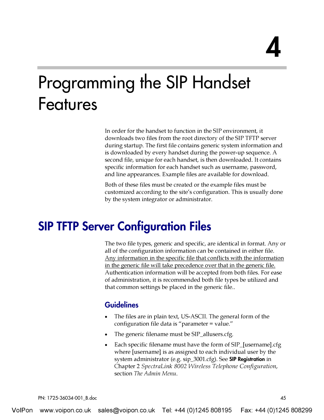 SpectraLink 8002 manual Programming the SIP Handset Features, SIP Tftp Server Configuration Files, Guidelines 