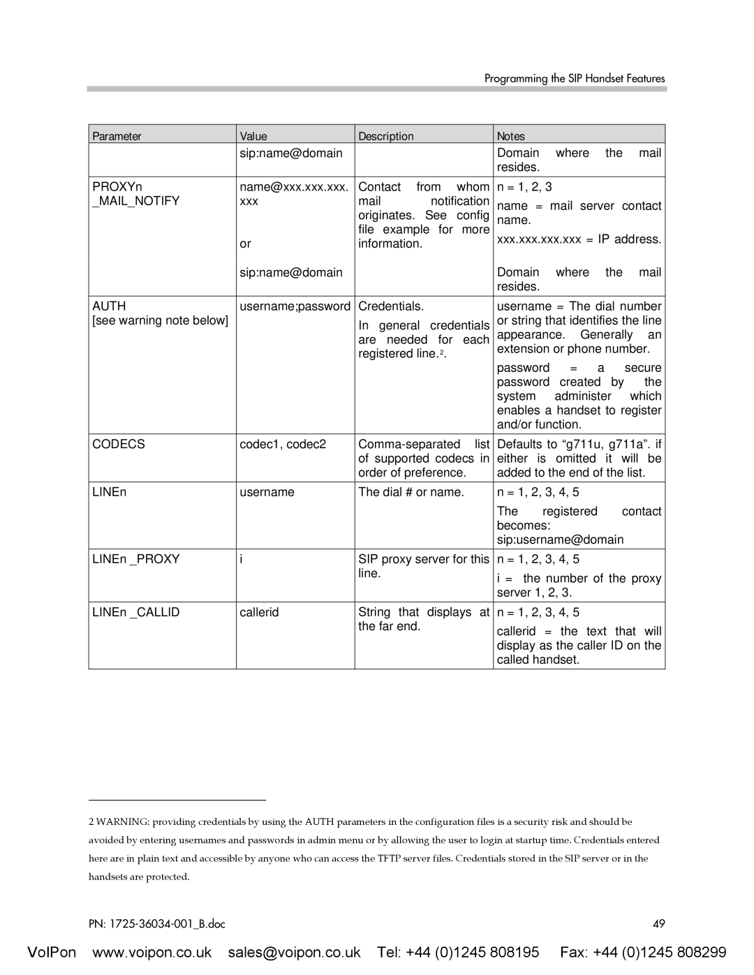 SpectraLink 8002 manual Mailnotify, Auth, Codecs 