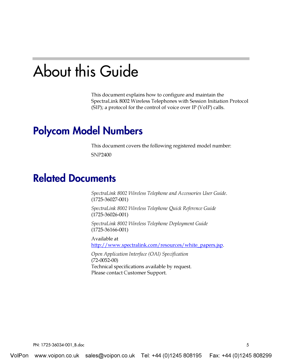 SpectraLink 8002 manual About this Guide, Polycom Model Numbers, Related Documents 