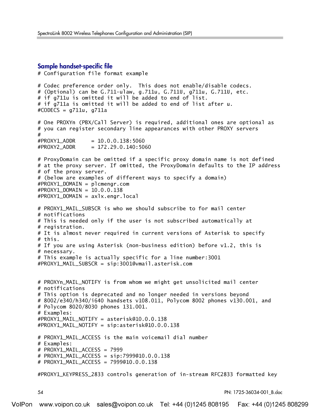 SpectraLink 8002 manual Sample handset-specific file, #PROXY1ADDR #PROXY2ADDR 