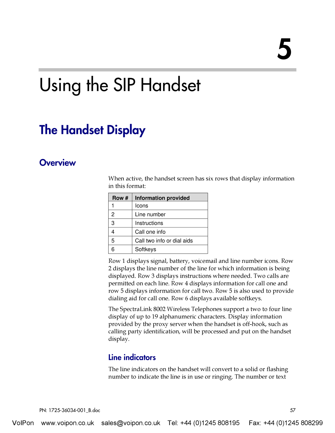 SpectraLink 8002 manual Using the SIP Handset, Handset Display, Overview, Line indicators, Row # Information provided 