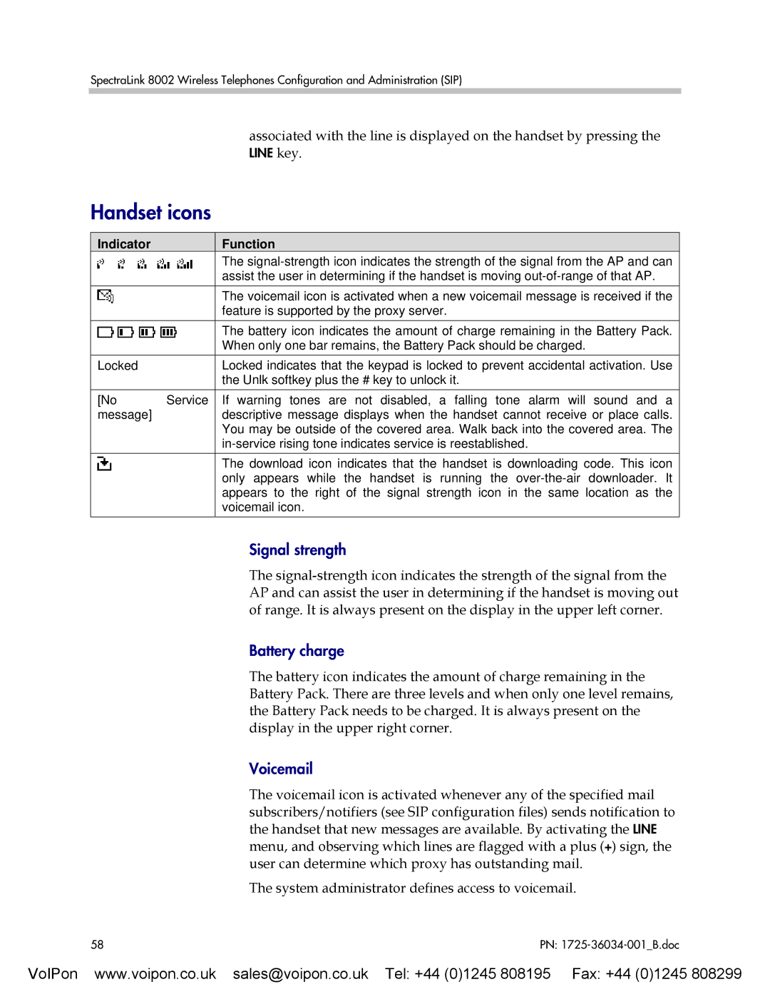 SpectraLink 8002 manual Handset icons, Signal strength, Battery charge, Voicemail, Indicator Function 