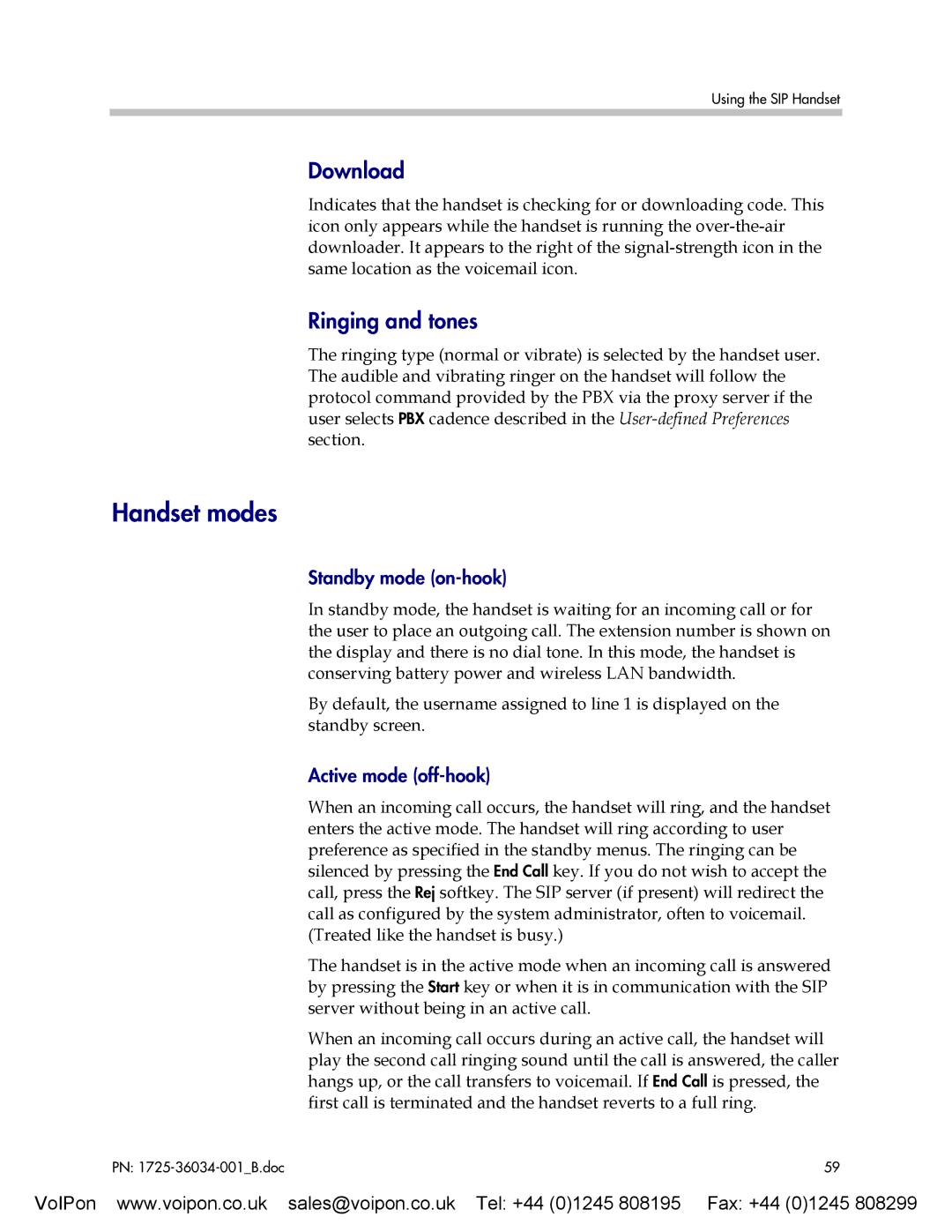 SpectraLink 8002 manual Handset modes, Download, Ringing and tones, Standby mode on-hook, Active mode off-hook 