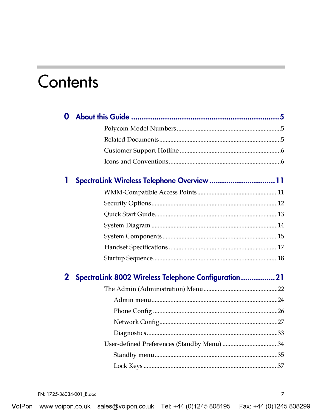 SpectraLink 8002 manual Contents 