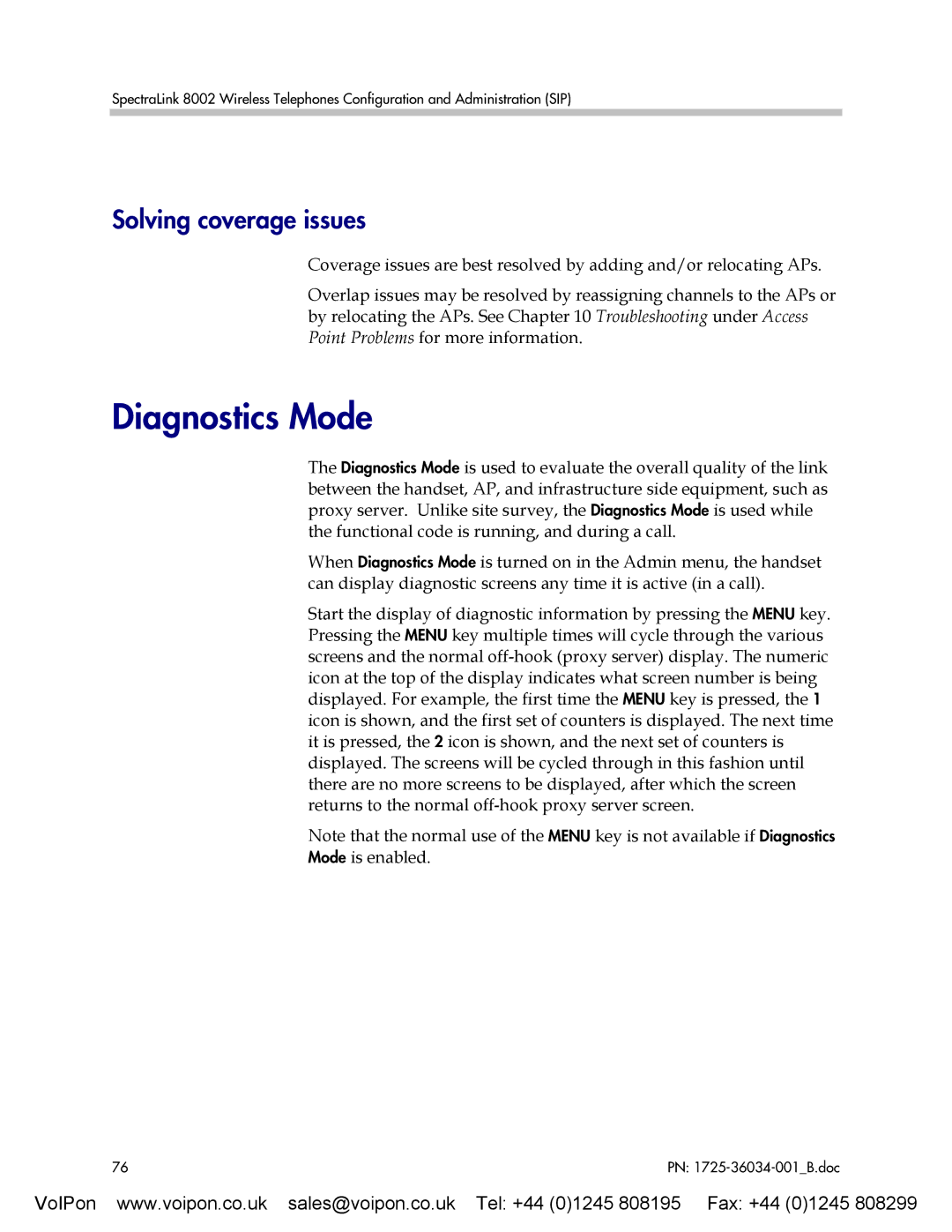 SpectraLink 8002 manual Diagnostics Mode, Solving coverage issues 