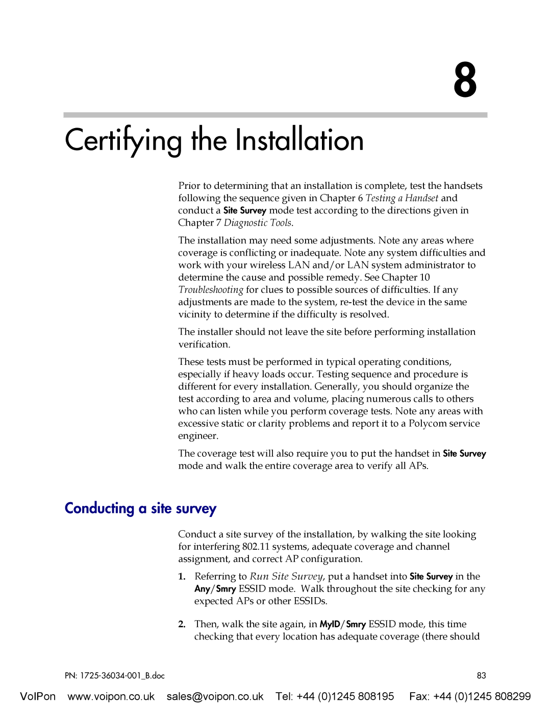 SpectraLink 8002 manual Certifying the Installation, Conducting a site survey 