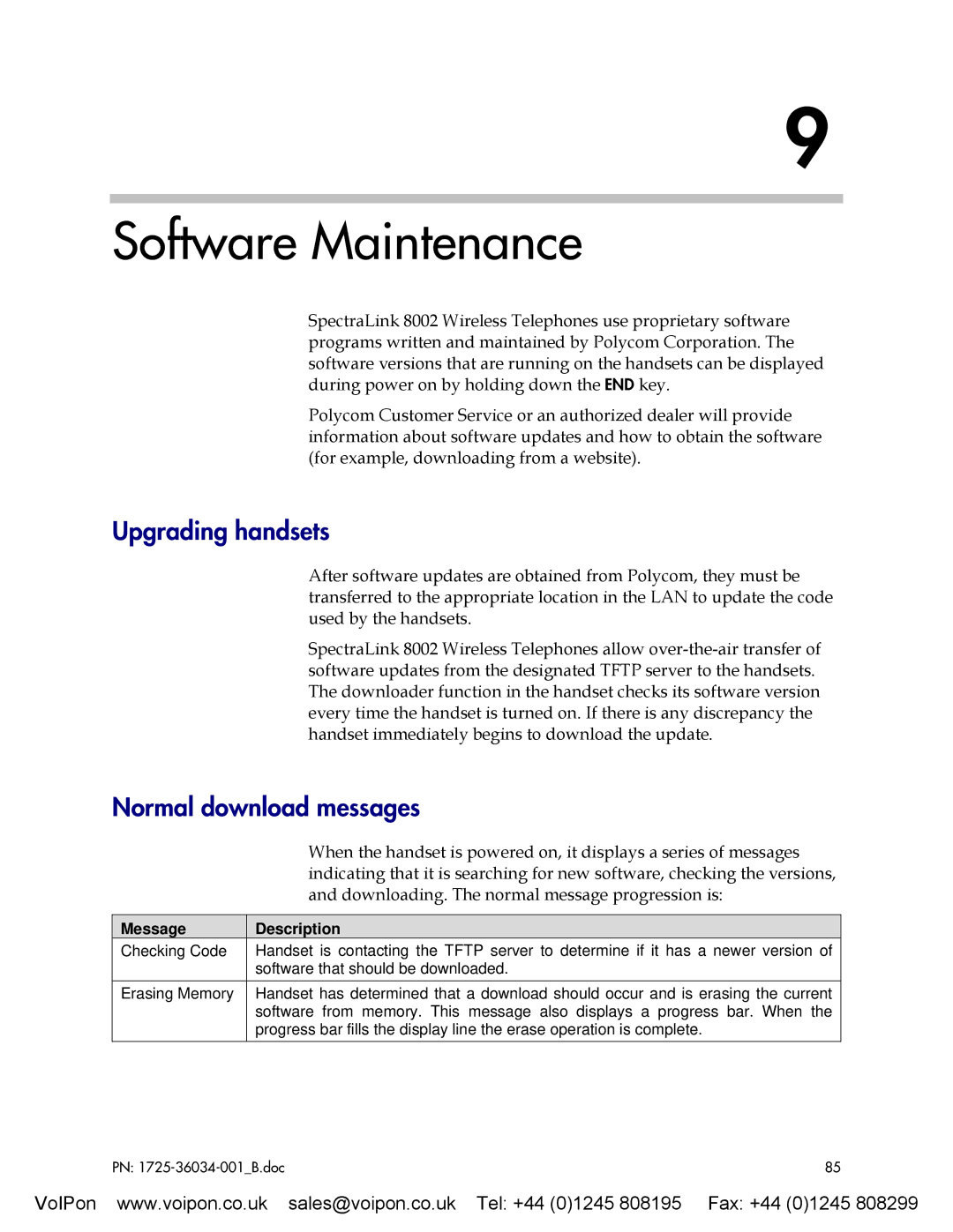 SpectraLink 8002 manual Software Maintenance, Upgrading handsets, Normal download messages, Message Description 