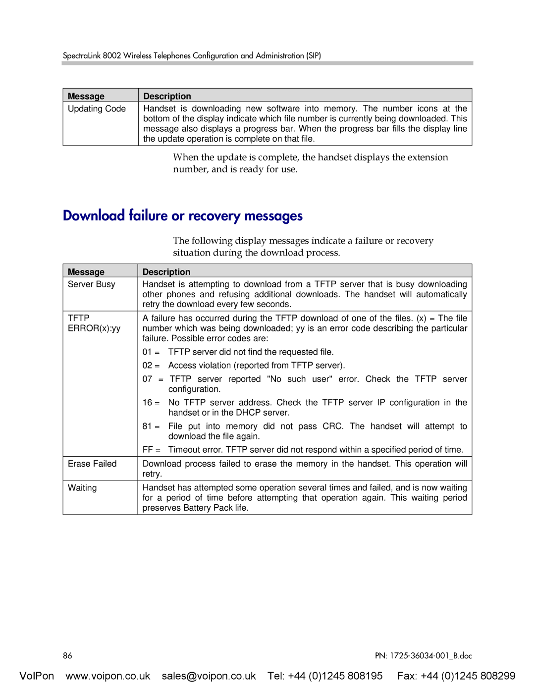 SpectraLink 8002 manual Download failure or recovery messages, Tftp 