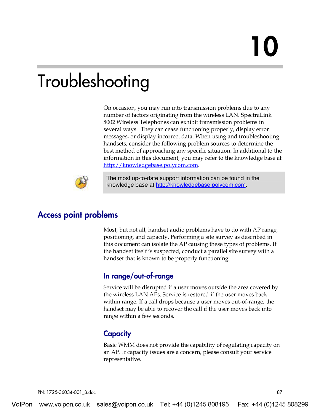 SpectraLink 8002 manual Troubleshooting, Access point problems, Range/out-of-range, Capacity 