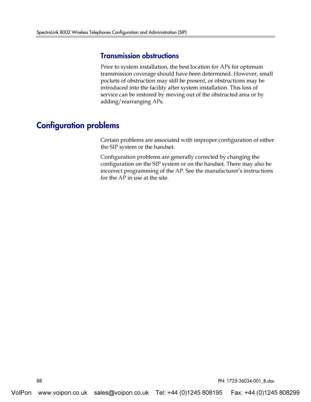 SpectraLink 8002 manual Configuration problems, Transmission obstructions 