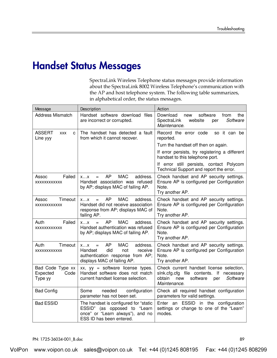 SpectraLink 8002 manual Handset Status Messages, Message Description Action, Assert 