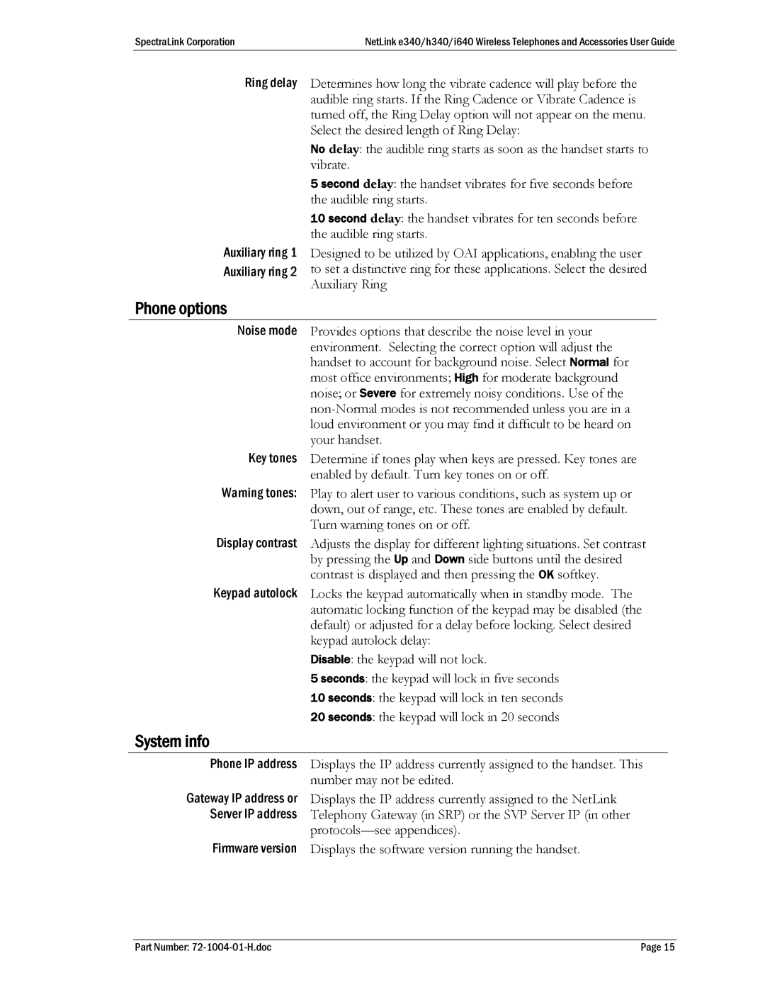 SpectraLink BPX100 manual Phone options, System info 