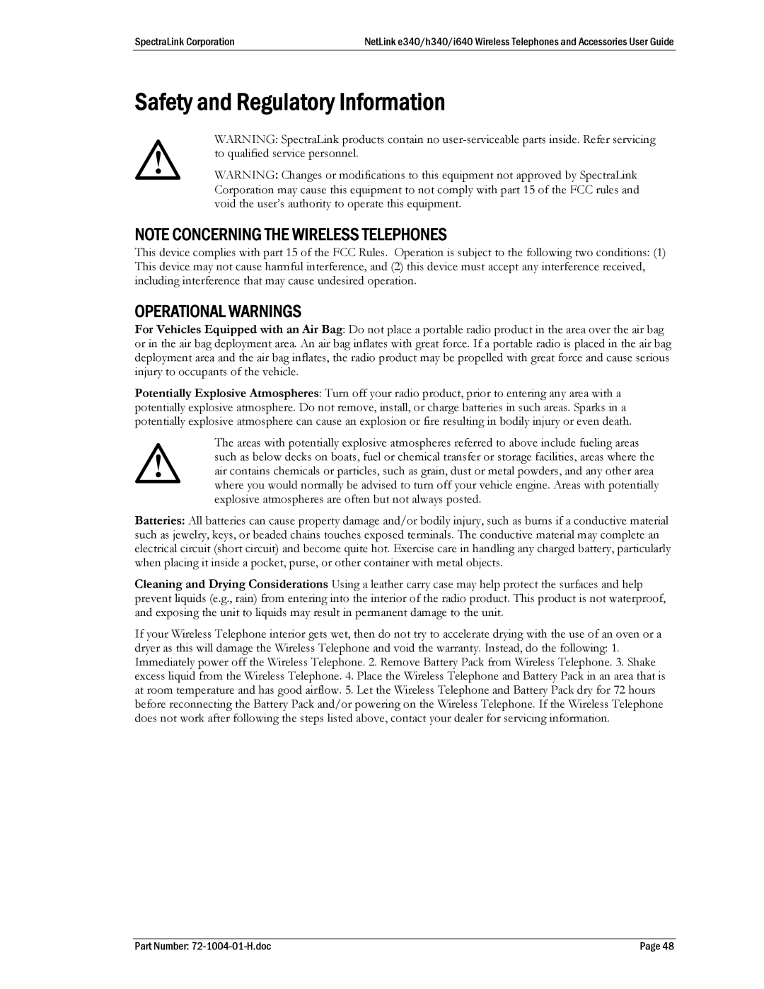 SpectraLink BPX100 manual Safety and Regulatory Information, Operational Warnings 