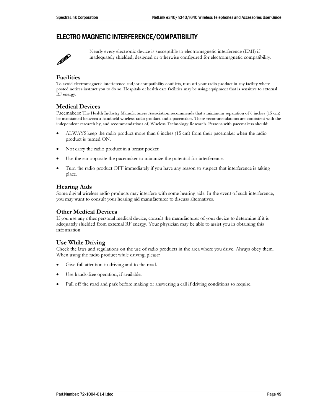 SpectraLink BPX100 manual Electro Magnetic INTERFERENCE/COMPATIBILITY 