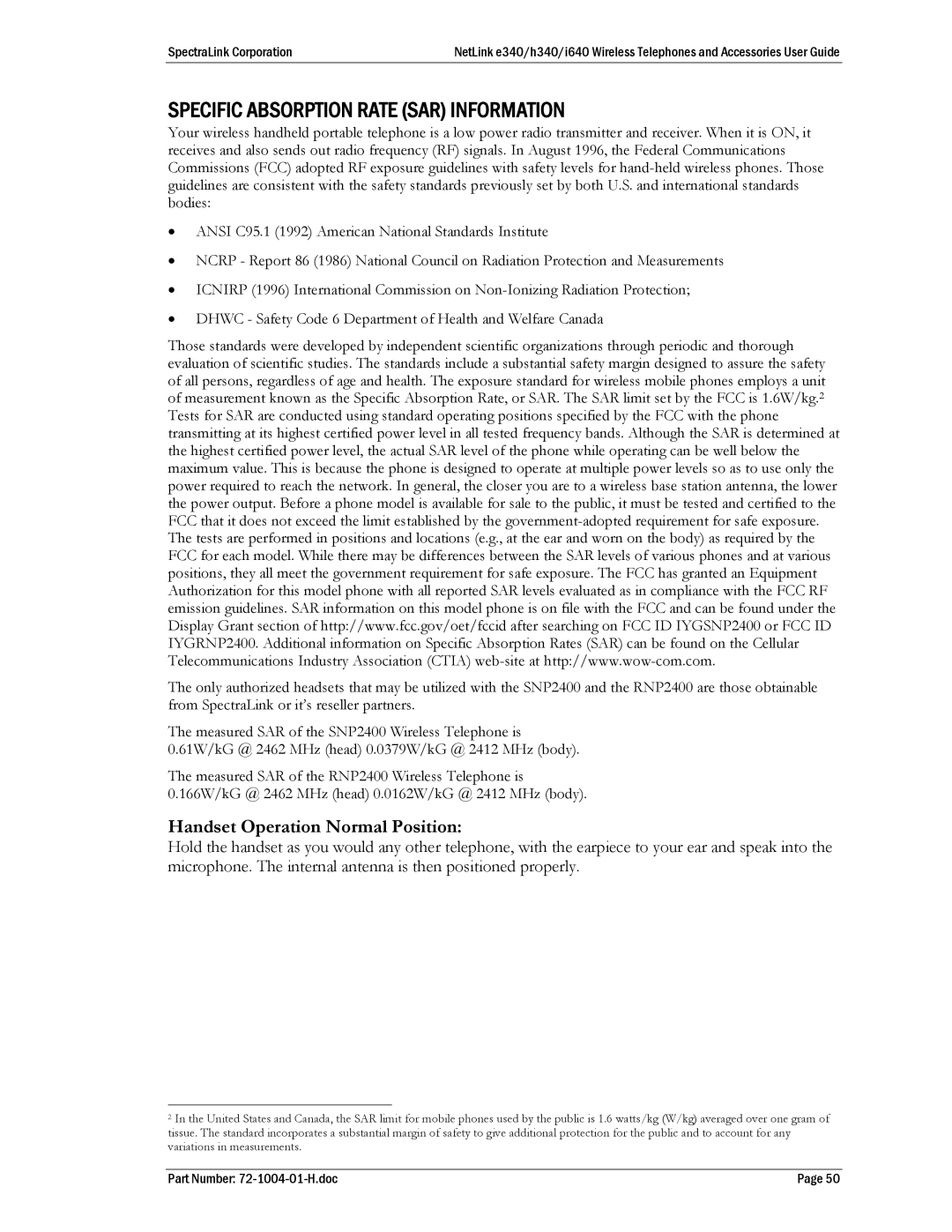 SpectraLink BPX100 manual Specific Absorption Rate SAR Information 