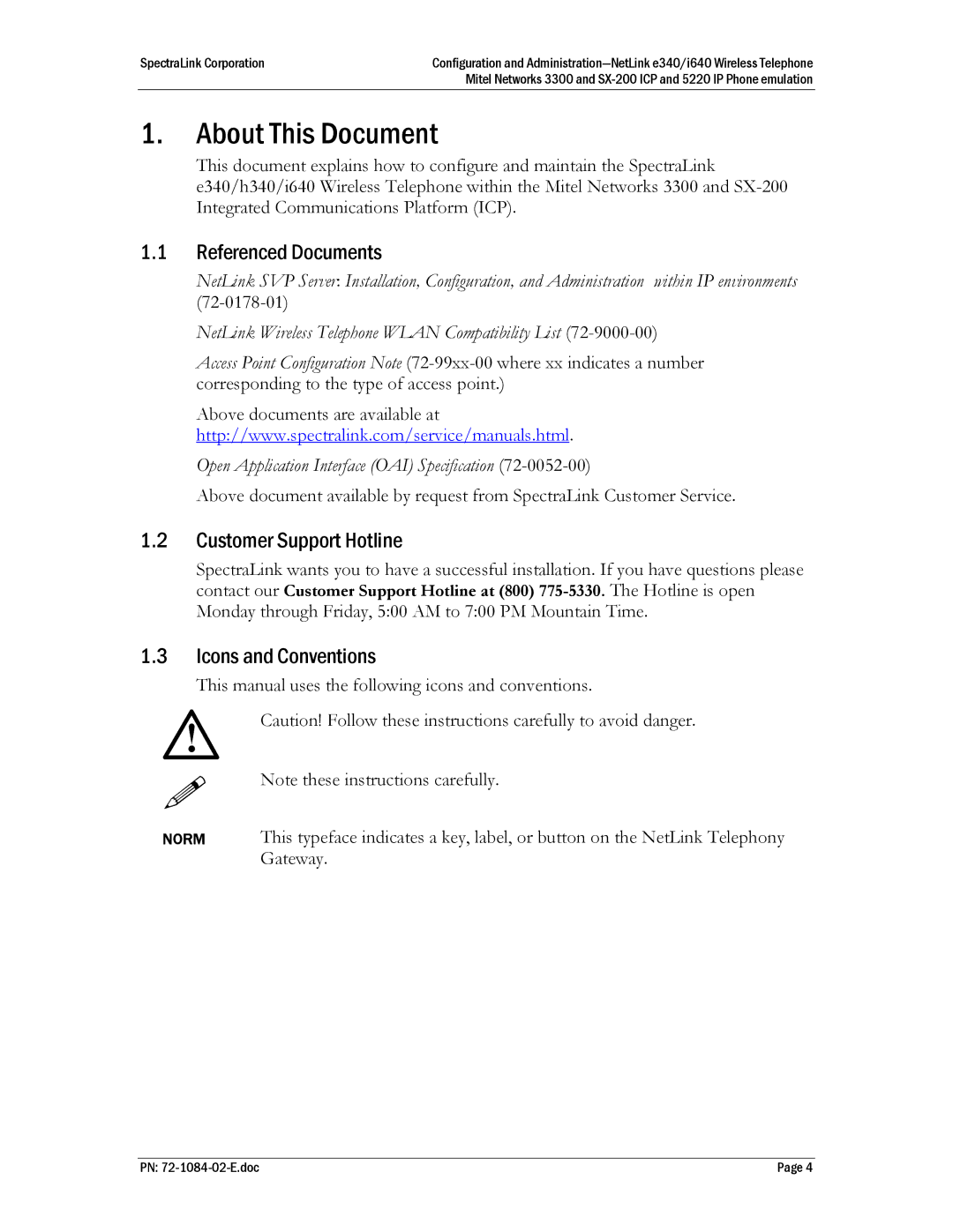 SpectraLink I640, E340, h340 About This Document, Referenced Documents, Customer Support Hotline, Icons and Conventions 