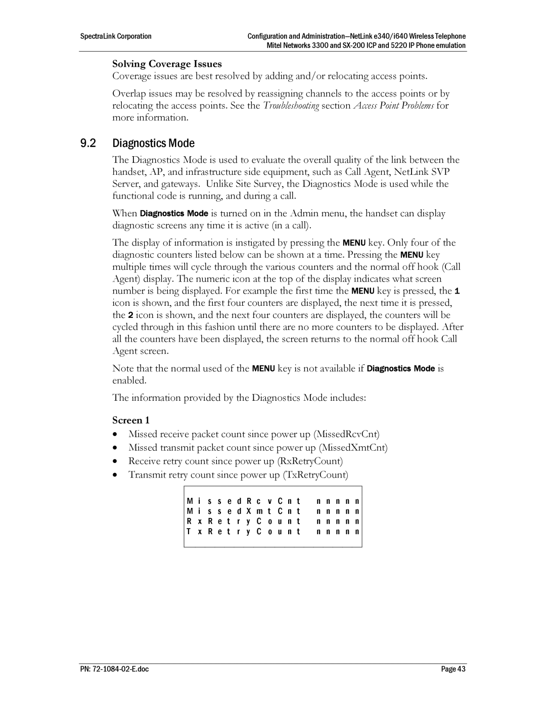 SpectraLink I640, E340, h340 manual Diagnostics Mode, Solving Coverage Issues, Screen 