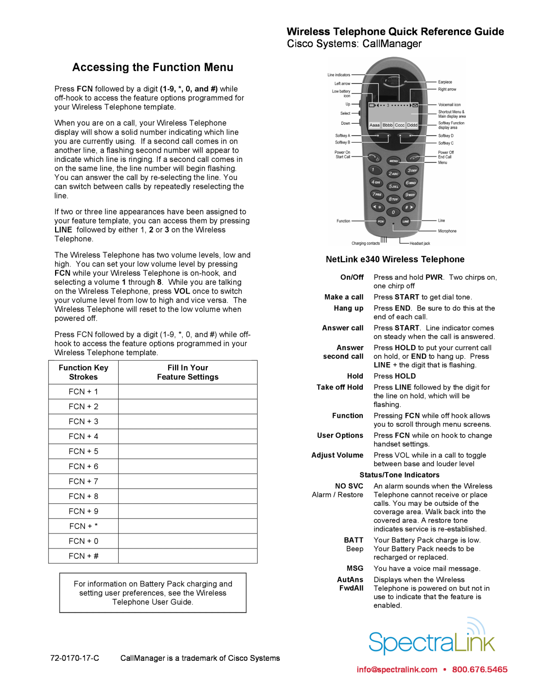 SpectraLink E340 manual Accessing the Function Menu, Wireless Telephone Quick Reference Guide, Cisco Systems CallManager 