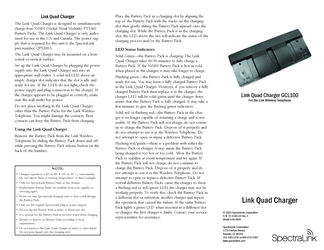 SpectraLink GCL100 manual Using the Link Quad Charger, LED Status Indicators 