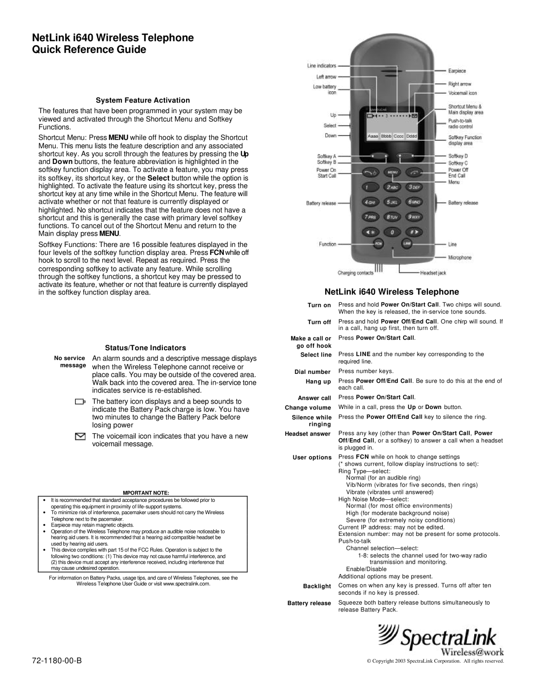 SpectraLink I640 manual NetLink i640 Wireless Telephone Quick Reference Guide, System Feature Activation 