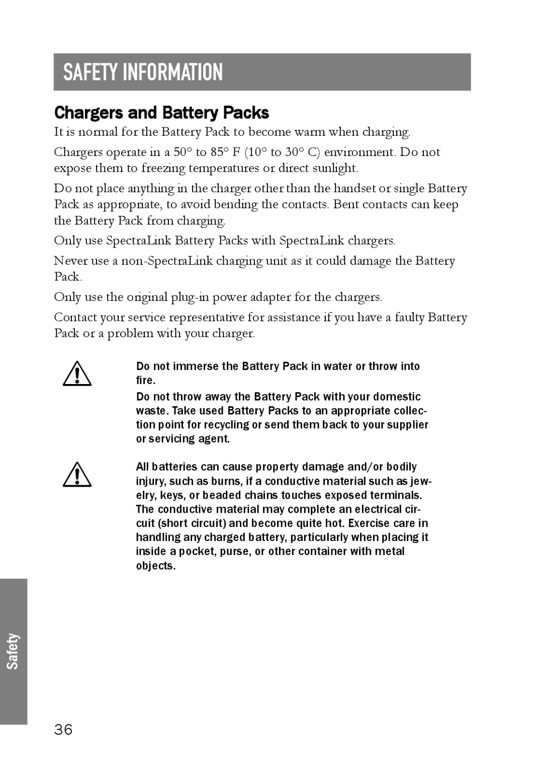 SpectraLink LINK 6020 manual Safety Information, Chargers and Battery Packs 