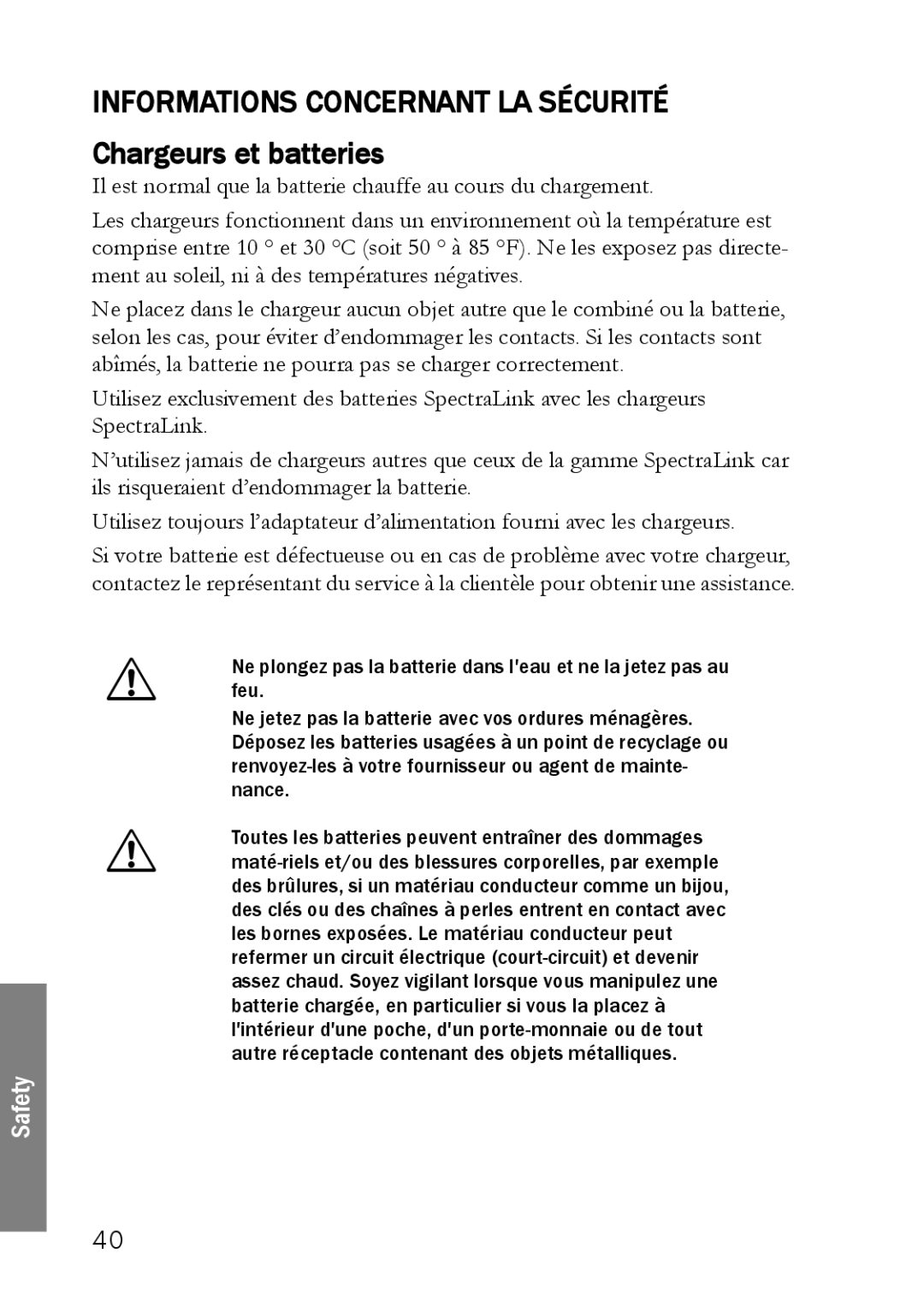 SpectraLink LINK 6020 manual Informations Concernant LA Sécurité Chargeurs et batteries 