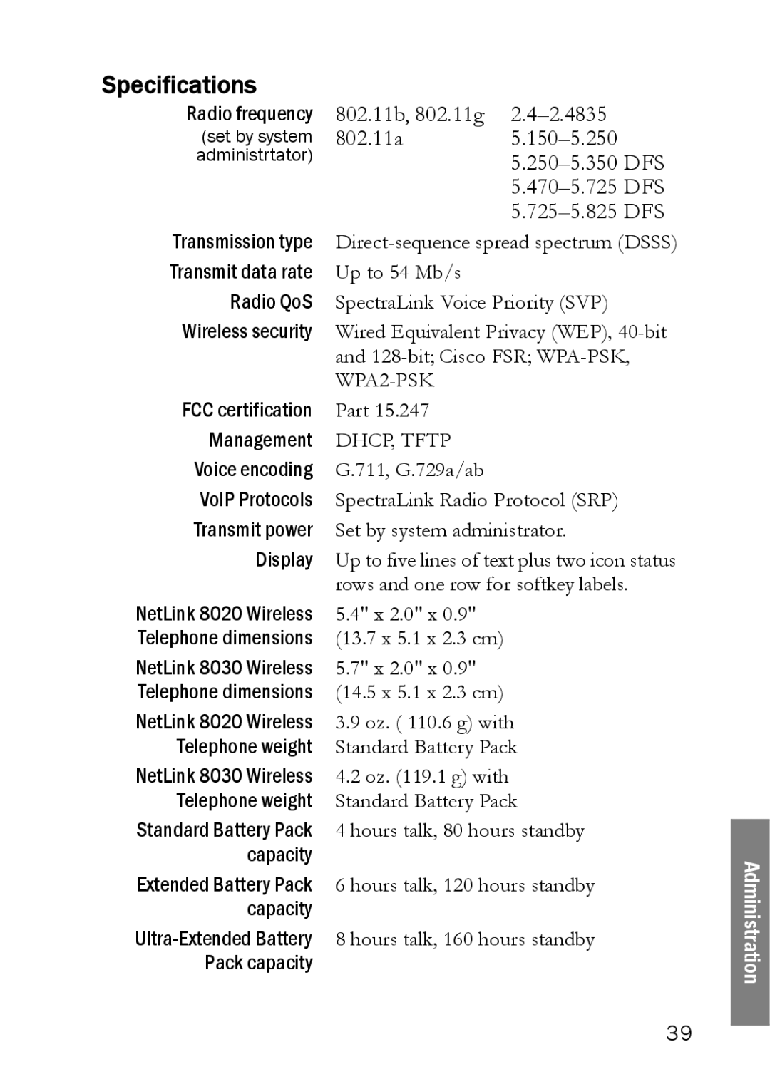 SpectraLink NetLink 8000 manual Specifications 