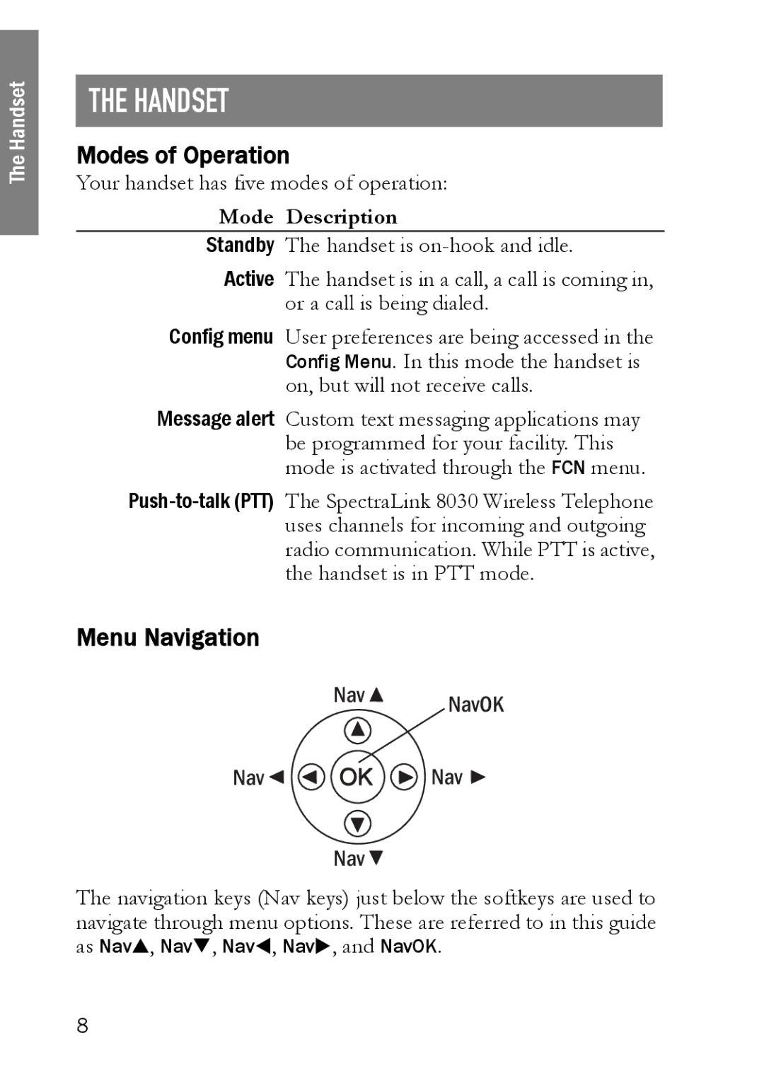 SpectraLink NetLink 8000 manual Handset, Modes of Operation, Menu Navigation 