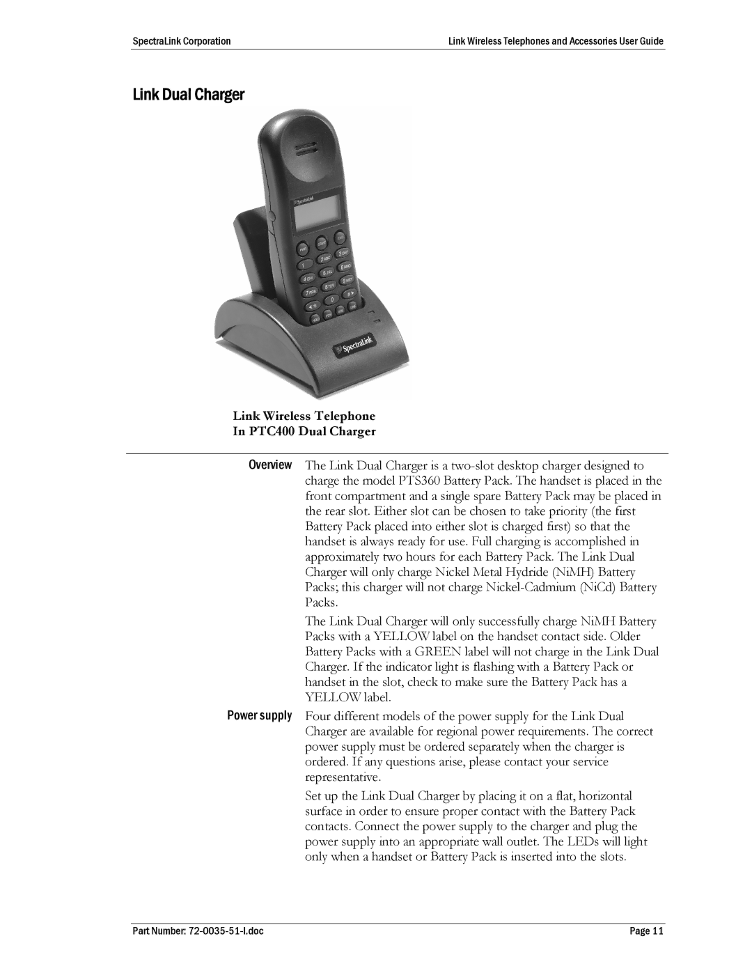 SpectraLink 410, PTB400 manual Link Dual Charger, Link Wireless Telephone PTC400 Dual Charger 
