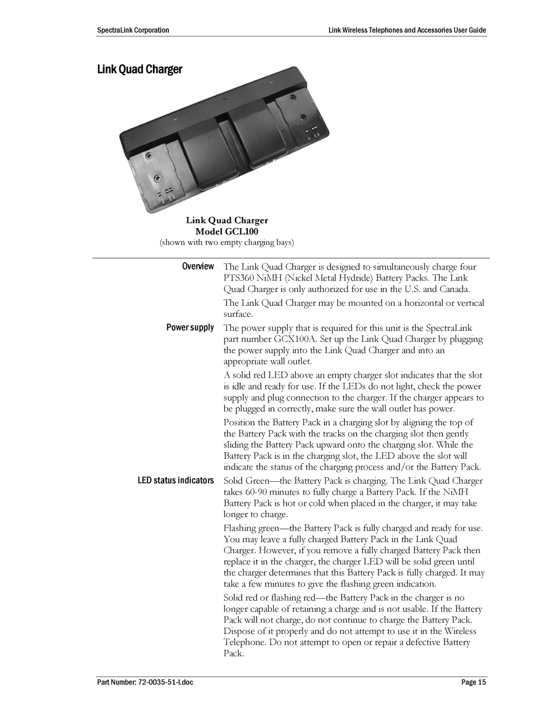 SpectraLink 410, PTB400 manual Link Quad Charger Model GCL100 
