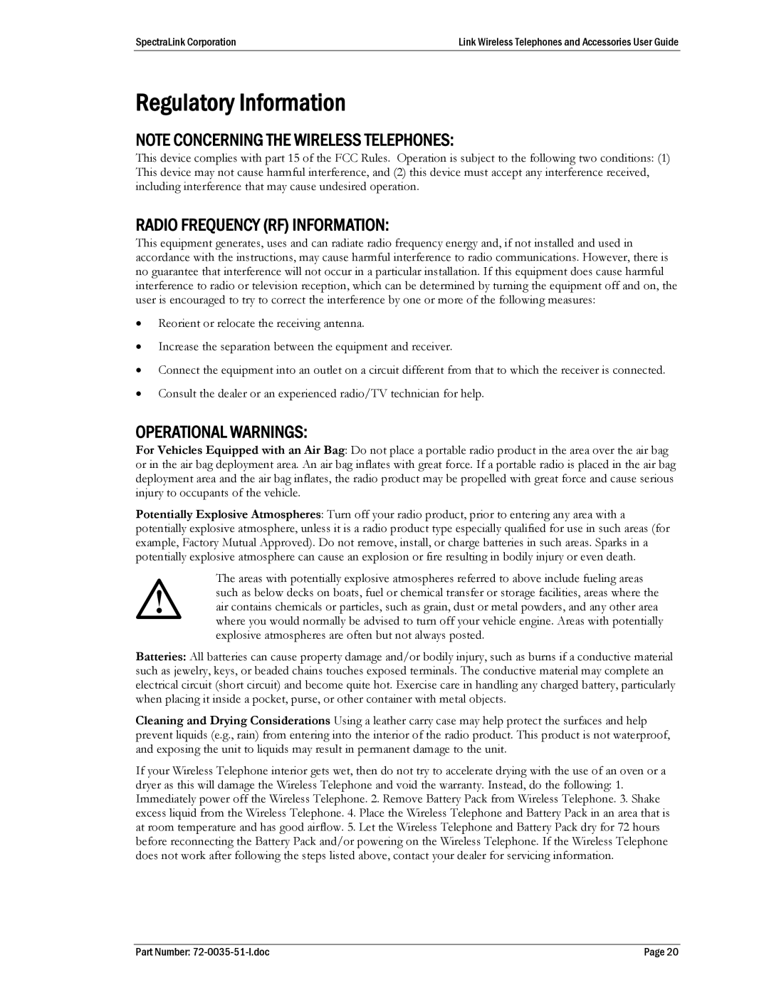 SpectraLink PTB400, 410 manual Regulatory Information, Radio Frequency RF Information 