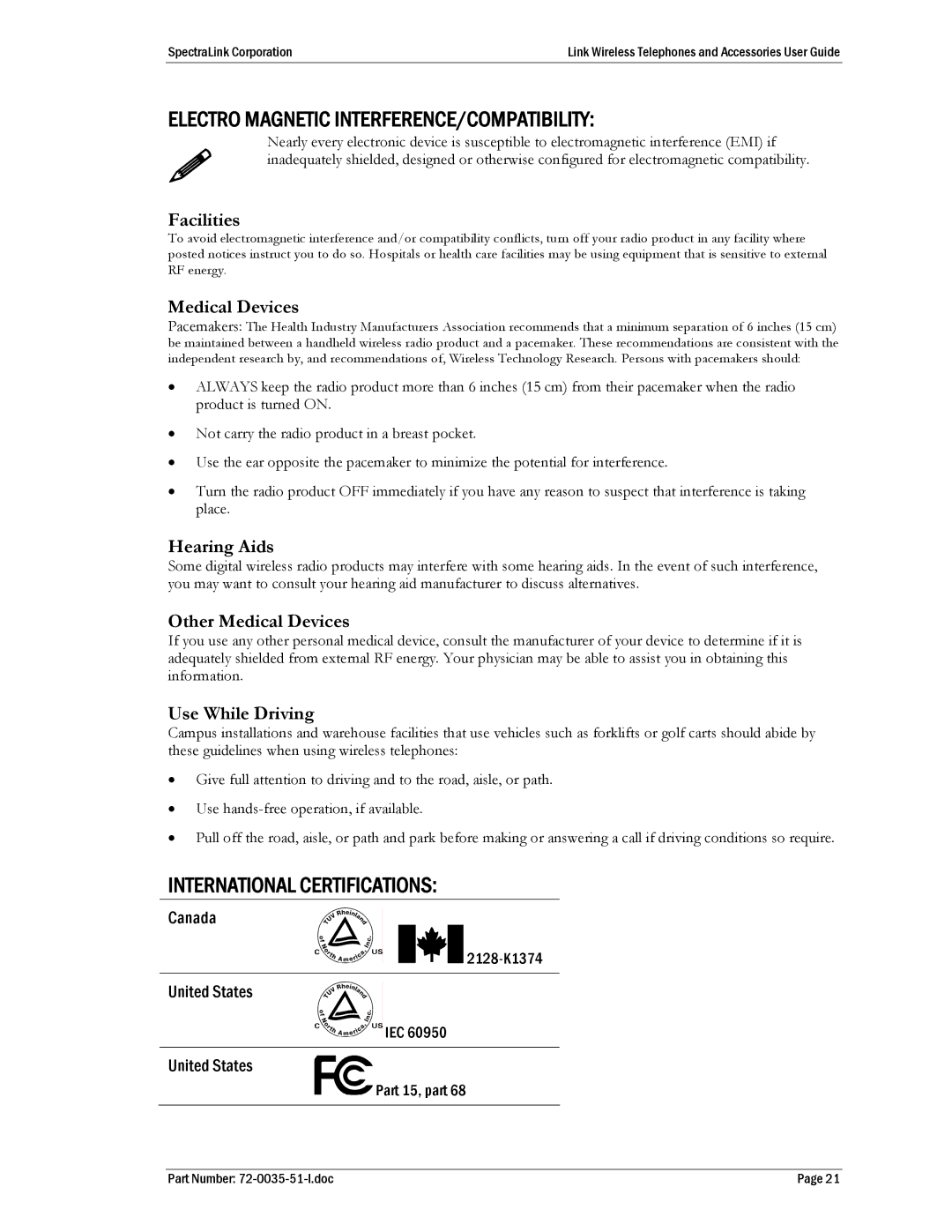 SpectraLink 410, PTB400 manual International Certifications 