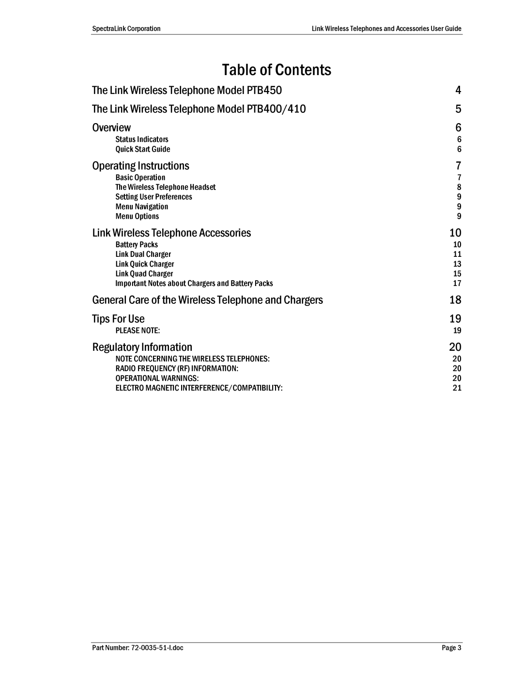 SpectraLink 410, PTB400 manual Table of Contents 