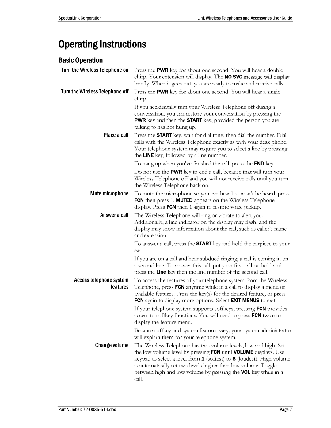 SpectraLink 410, PTB400 manual Operating Instructions, Basic Operation 