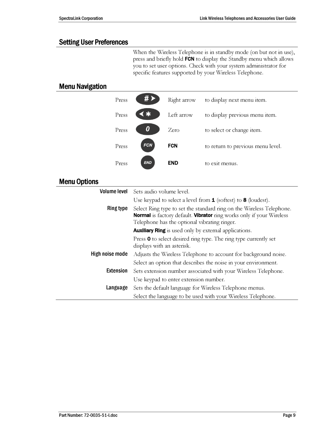 SpectraLink 410, PTB400 manual Setting User Preferences, Menu Navigation, Menu Options 