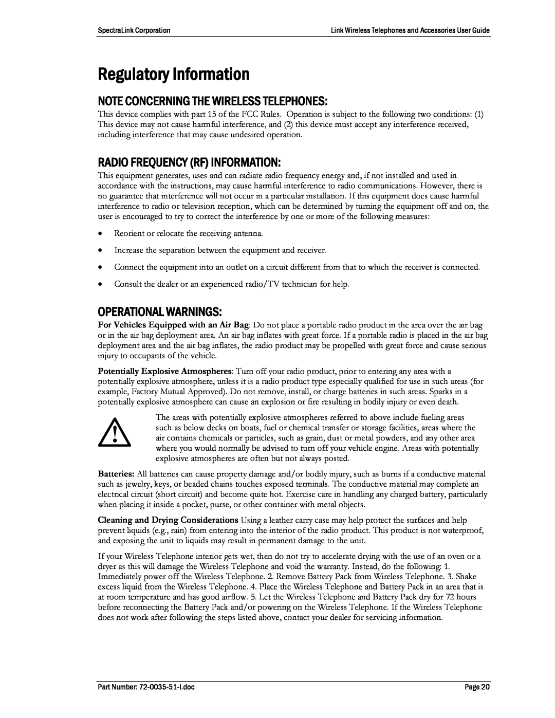 SpectraLink PTB400, 410 Regulatory Information, Note Concerning The Wireless Telephones, Radio Frequency Rf Information 