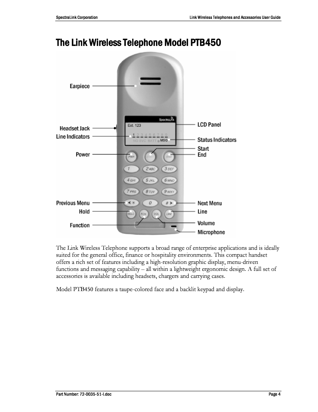 SpectraLink PTB400, 410 manual The Link Wireless Telephone Model PTB450 