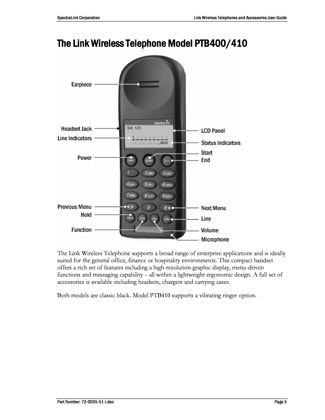 SpectraLink manual The Link Wireless Telephone Model PTB400/410, SpectraLink Corporation, Part Number 72-0035-51-I.doc 