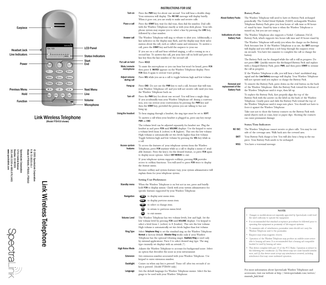 SpectraLink PTB410 service manual Instructions for USE, Battery Packs, Setting User Preferences, Status/Tone Indicators 