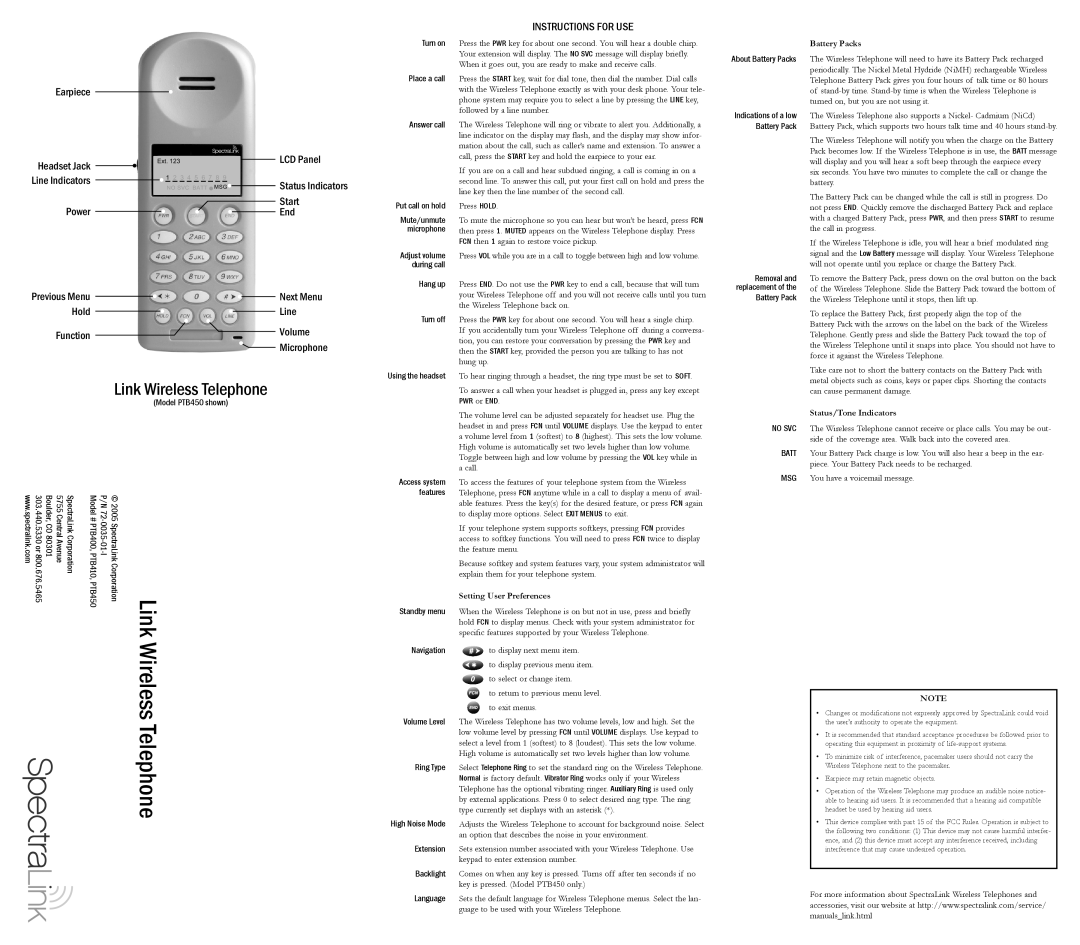 SpectraLink PTB410 manual Wireless Pocket Telephone, User Guide 