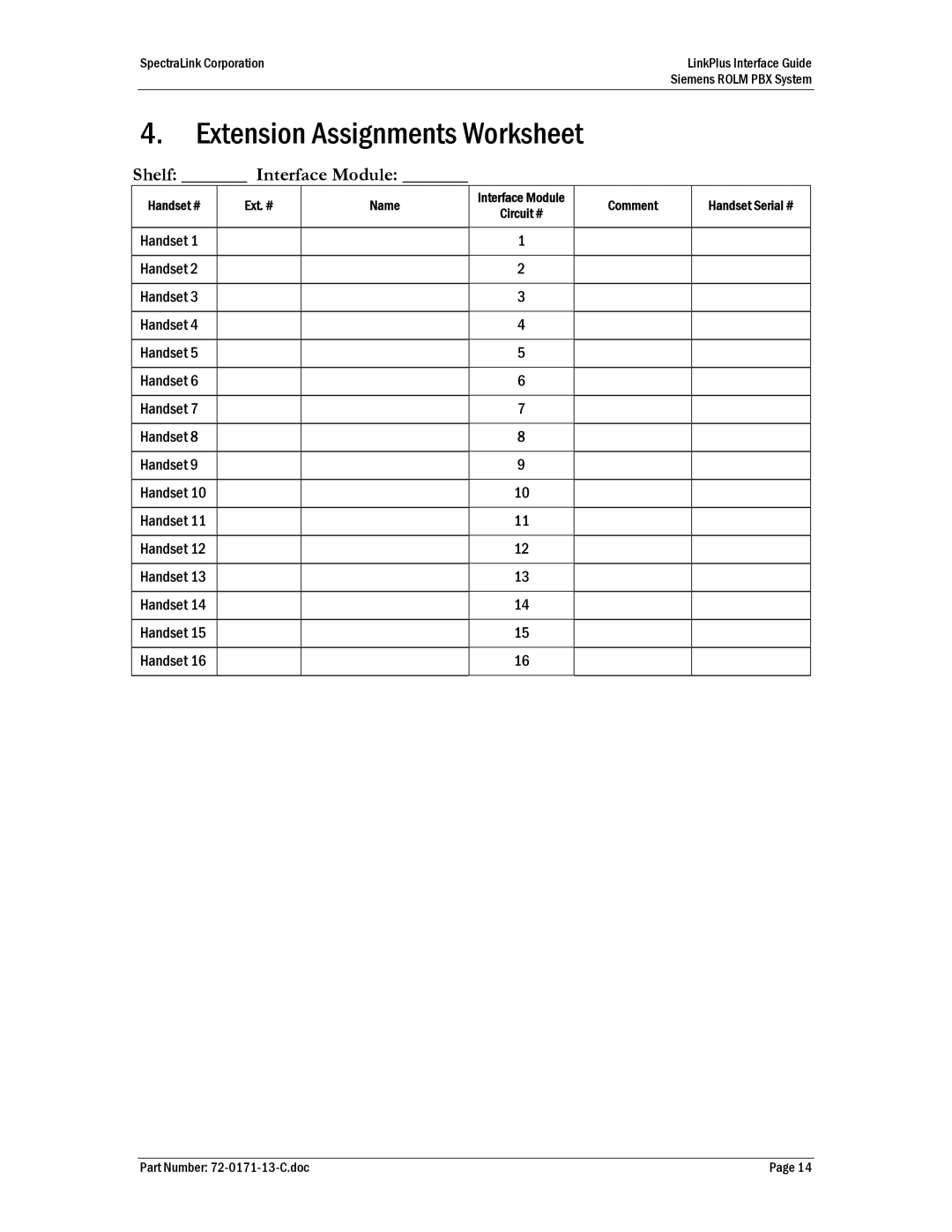 SpectraLink ROLM PBX manual Extension Assignments Worksheet, Shelf Interface Module 