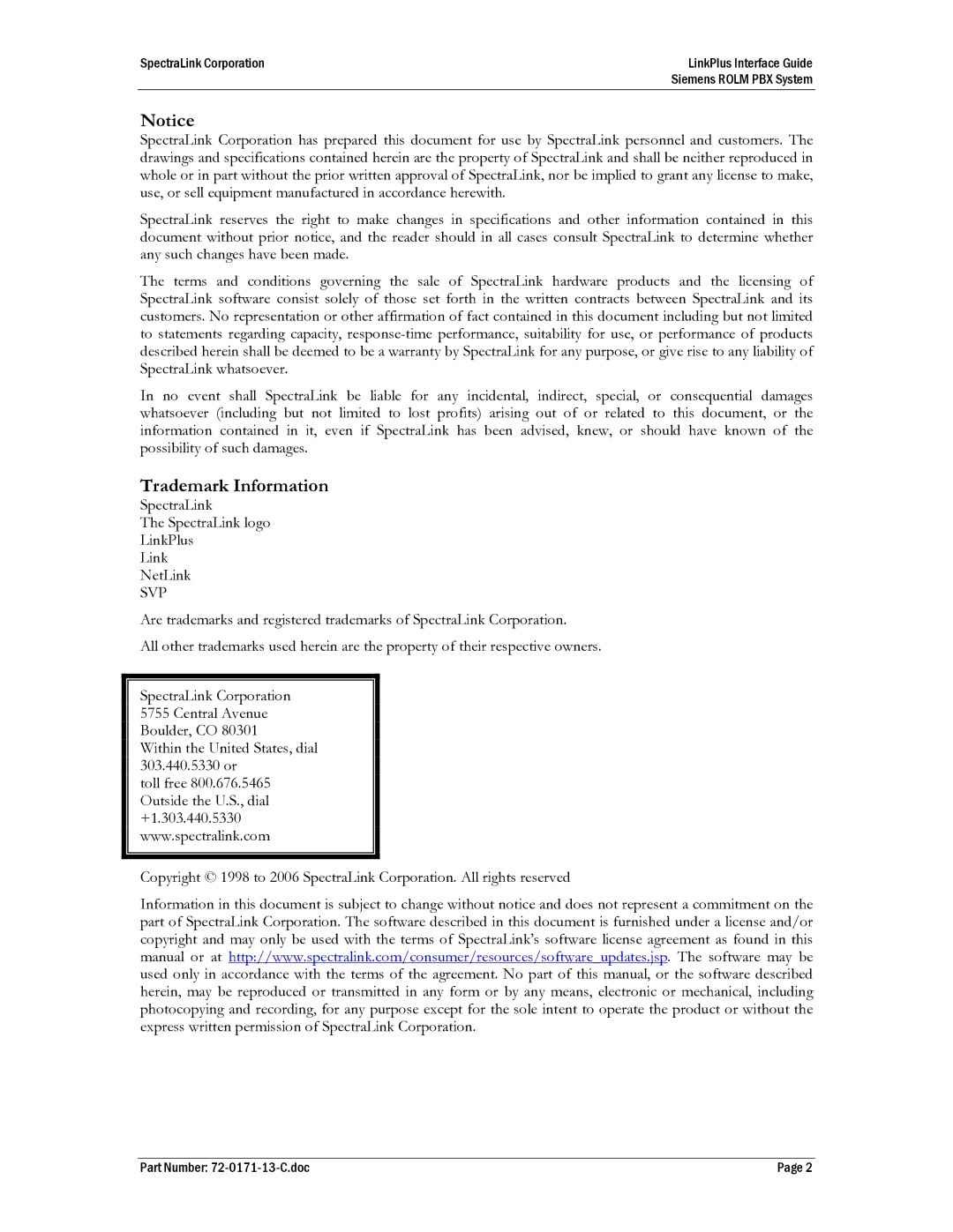 SpectraLink ROLM PBX manual Trademark Information, Svp 