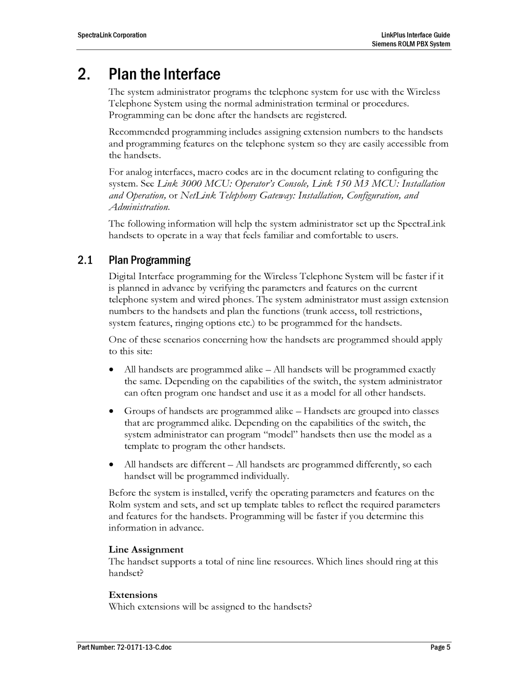 SpectraLink ROLM PBX manual Plan the Interface, Plan Programming, Line Assignment, Extensions 