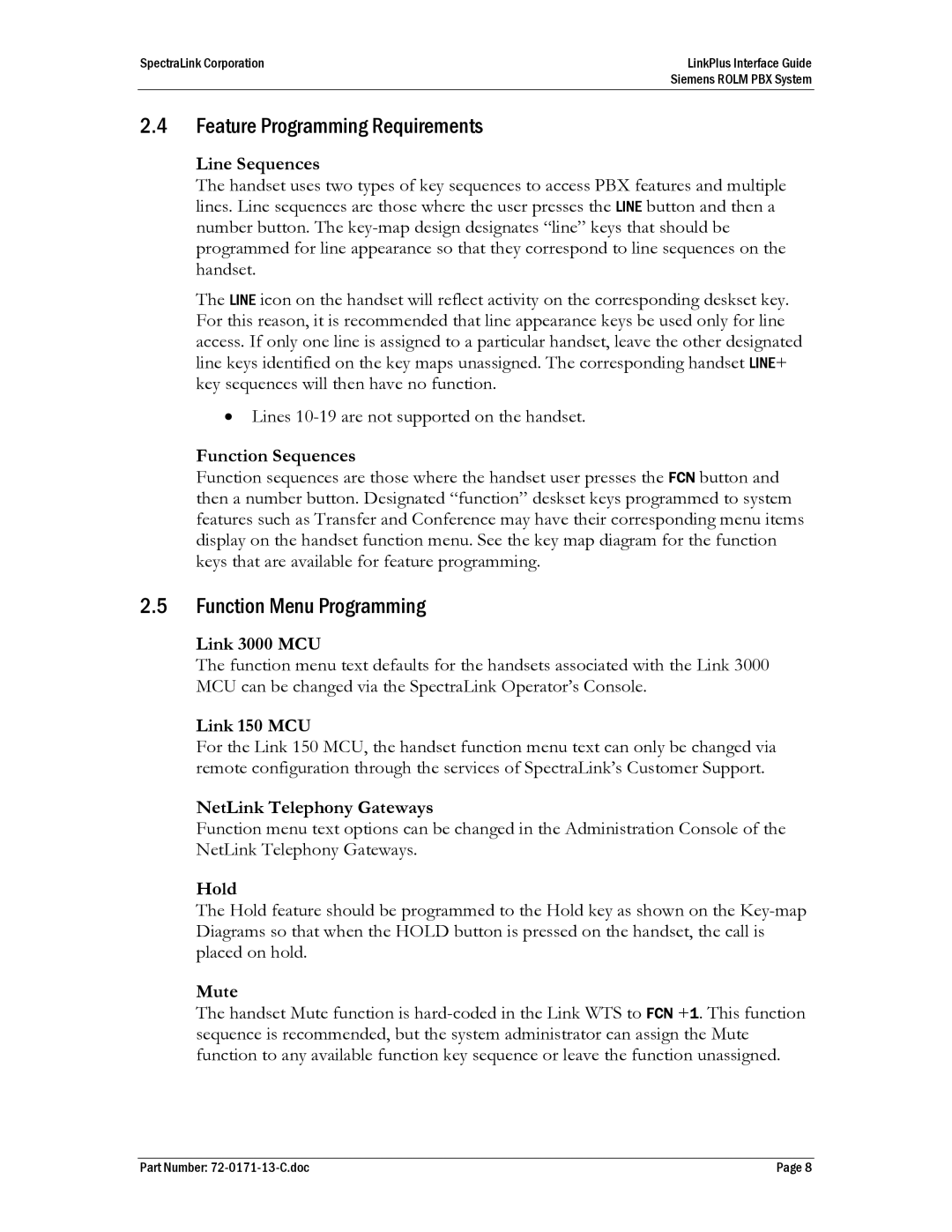 SpectraLink ROLM PBX manual Feature Programming Requirements, Function Menu Programming 