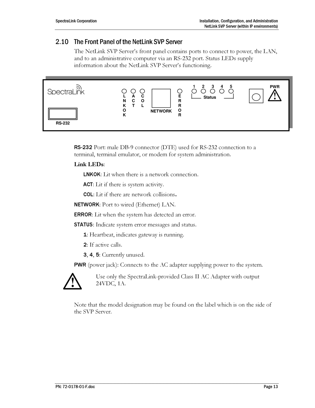 SpectraLink SVP100, SVP020, SVP010 manual Front Panel of the NetLink SVP Server, Link LEDs 