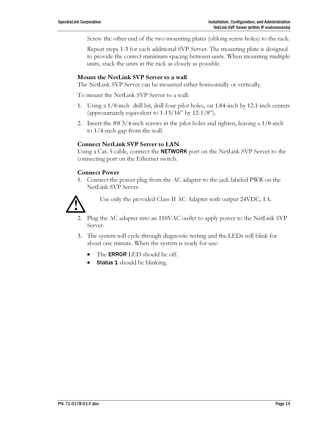 SpectraLink SVP020, SVP100, SVP010 Mount the NetLink SVP Server to a wall, Connect NetLink SVP Server to LAN, Connect Power 