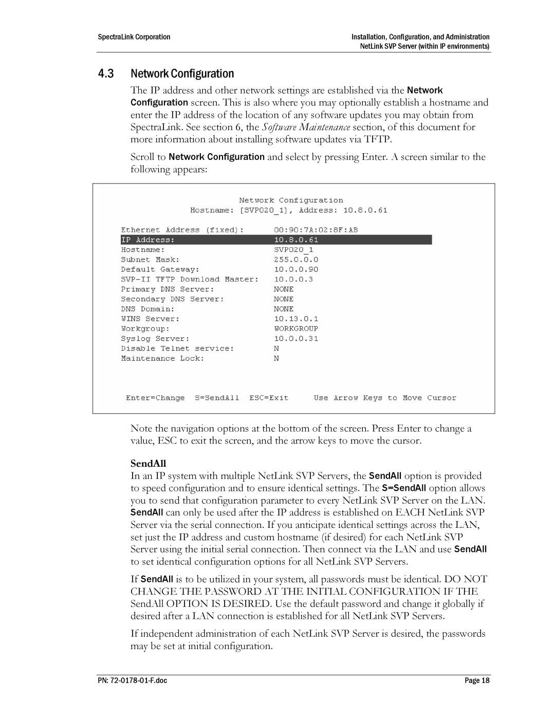 SpectraLink SVP020, SVP100, SVP010 manual Network Configuration, SendAll 