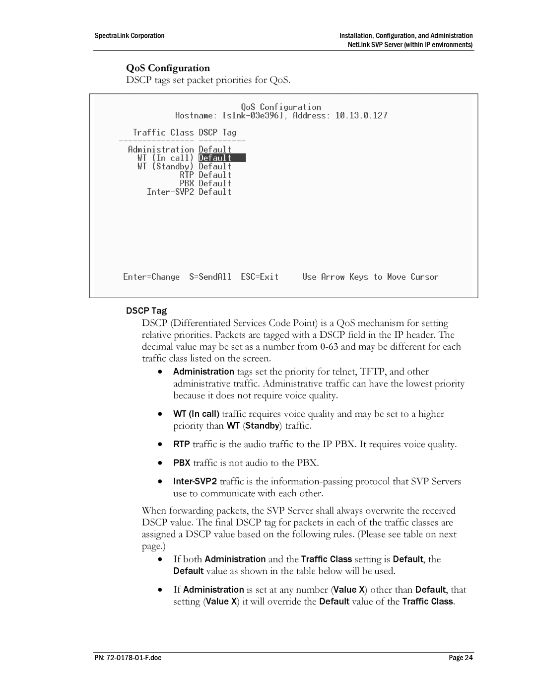 SpectraLink SVP020, SVP100, SVP010 manual QoS Configuration, Default value as shown in the table below will be used 