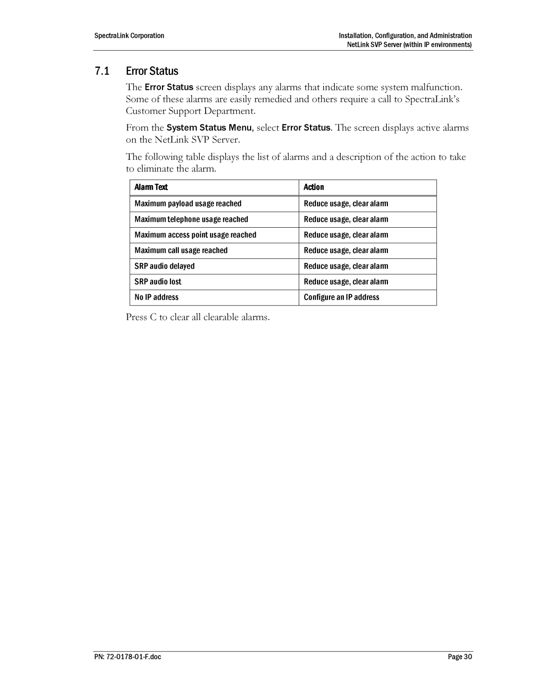 SpectraLink SVP020, SVP100, SVP010 manual Error Status, Alarm Text Action 